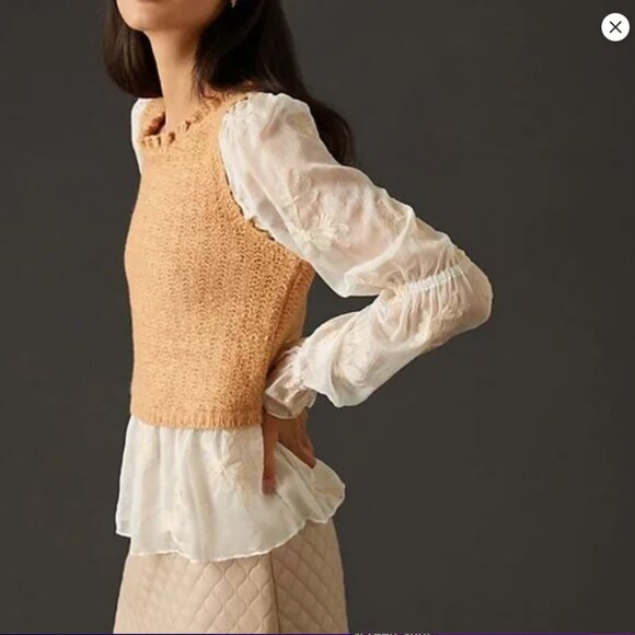 Anthropologie Layered Sweater Vest Blouse Tan White Sheer Floral Women's Medium - Picture 3 of 16